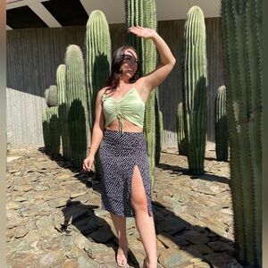 Black & white polka dot midi skirt with side slit